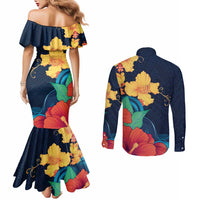 Polynesian Hibiscus Flower Waves Pattern Couples Matching Mermaid Dress and Long Sleeve Button Shirt LT9 - Polynesian Pride