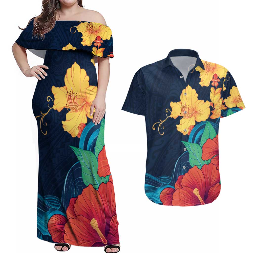 Polynesian Hibiscus Flower Waves Pattern Couples Matching Off Shoulder Maxi Dress and Hawaiian Shirt