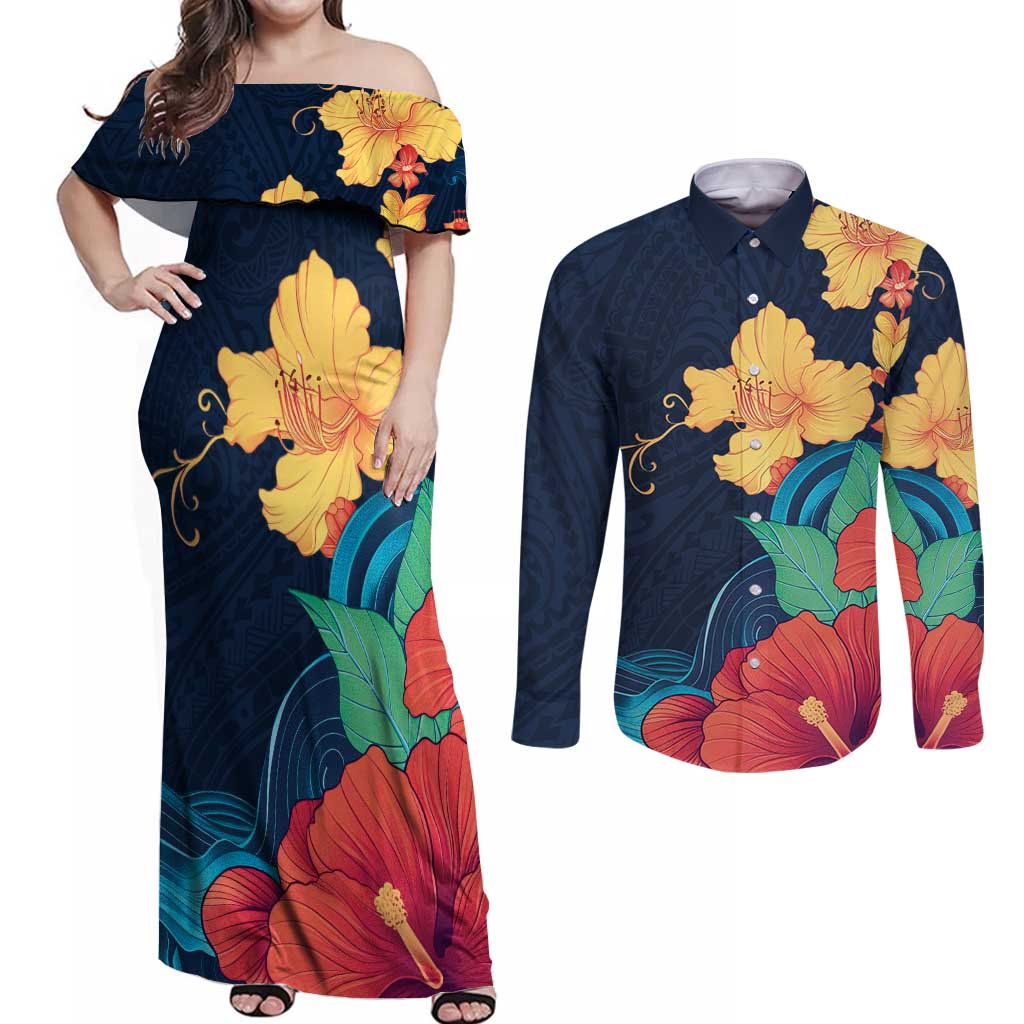 Polynesian Hibiscus Flower Waves Pattern Couples Matching Off Shoulder Maxi Dress and Long Sleeve Button Shirt LT9 Dark Blue - Polynesian Pride