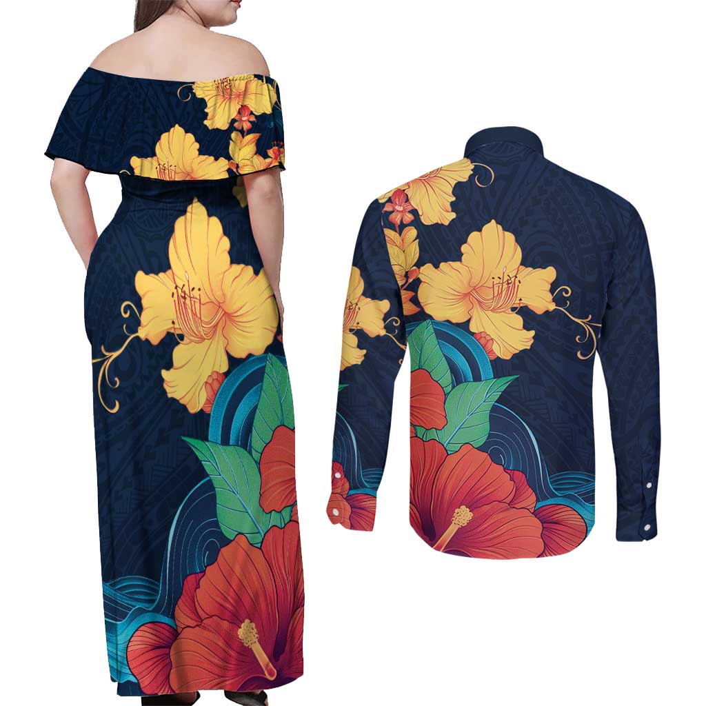 Polynesian Hibiscus Flower Waves Pattern Couples Matching Off Shoulder Maxi Dress and Long Sleeve Button Shirt LT9 - Polynesian Pride