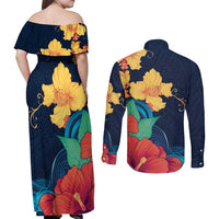Polynesian Hibiscus Flower Waves Pattern Couples Matching Off Shoulder Maxi Dress and Long Sleeve Button Shirt LT9 - Polynesian Pride