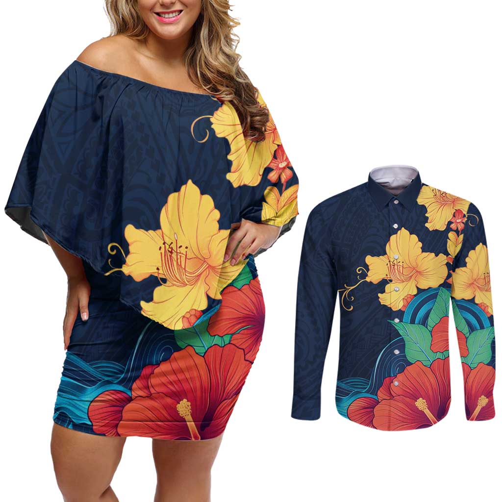 Polynesian Hibiscus Flower Waves Pattern Couples Matching Off Shoulder Short Dress and Long Sleeve Button Shirt LT9 Dark Blue - Polynesian Pride