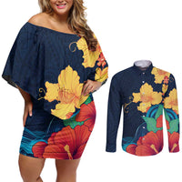 Polynesian Hibiscus Flower Waves Pattern Couples Matching Off Shoulder Short Dress and Long Sleeve Button Shirt LT9 Dark Blue - Polynesian Pride