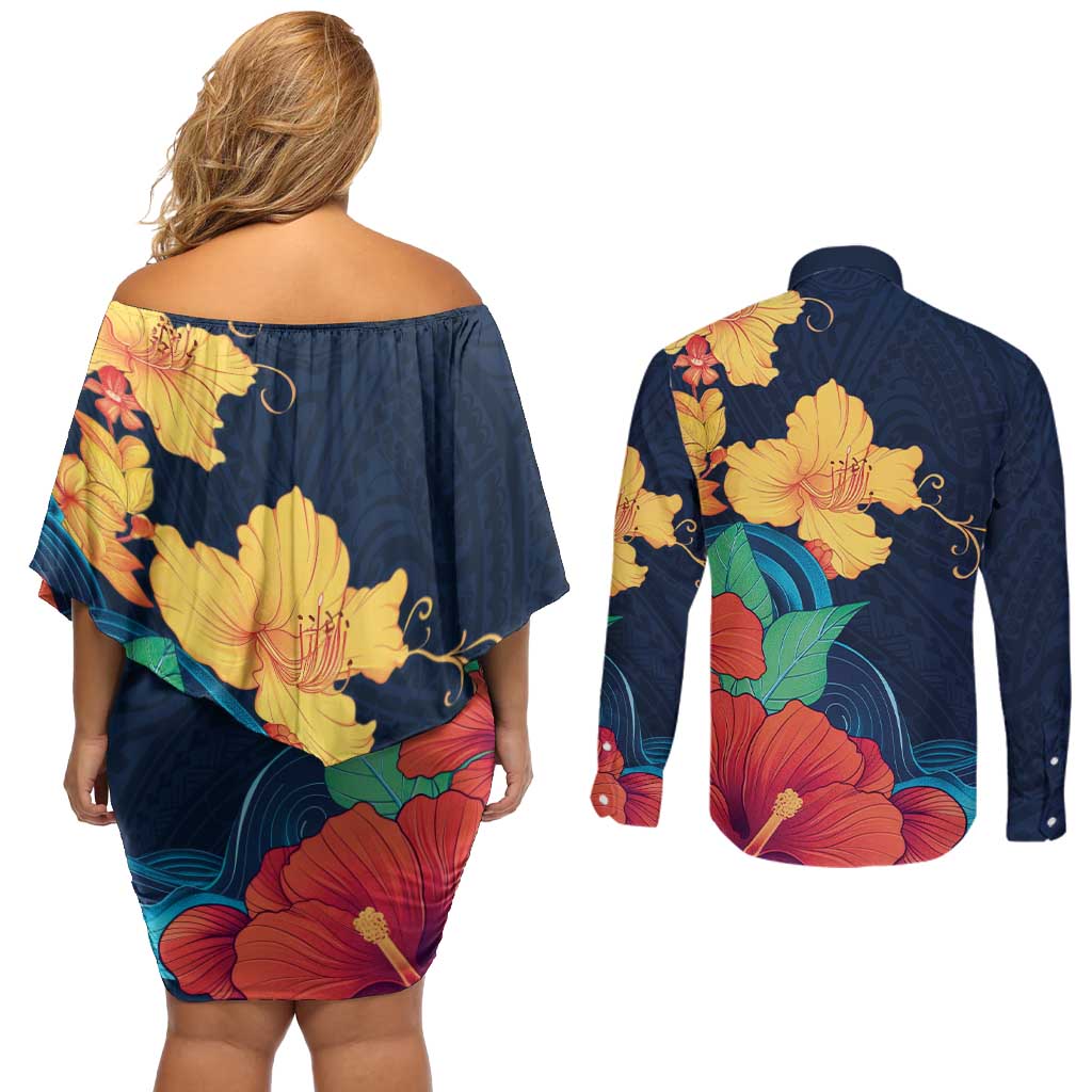 Polynesian Hibiscus Flower Waves Pattern Couples Matching Off Shoulder Short Dress and Long Sleeve Button Shirt LT9 - Polynesian Pride