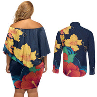 Polynesian Hibiscus Flower Waves Pattern Couples Matching Off Shoulder Short Dress and Long Sleeve Button Shirt LT9 - Polynesian Pride