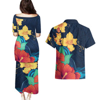 Polynesian Hibiscus Flower Waves Pattern Couples Matching Puletasi and Hawaiian Shirt