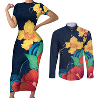 Polynesian Hibiscus Flower Waves Pattern Couples Matching Short Sleeve Bodycon Dress and Long Sleeve Button Shirt LT9 Dark Blue - Polynesian Pride