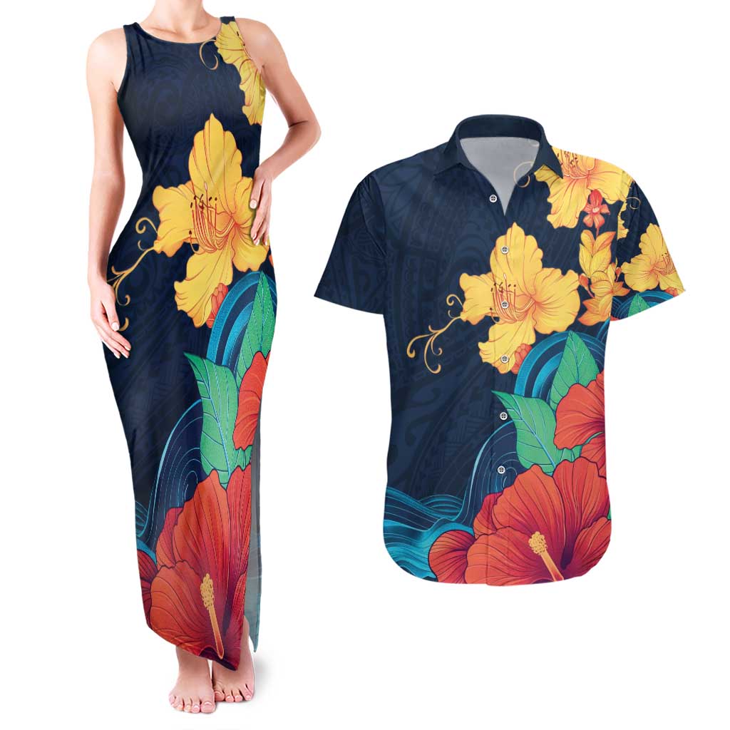 Polynesian Hibiscus Flower Waves Pattern Couples Matching Tank Maxi Dress and Hawaiian Shirt