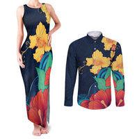Polynesian Hibiscus Flower Waves Pattern Couples Matching Tank Maxi Dress and Long Sleeve Button Shirt LT9 Dark Blue - Polynesian Pride