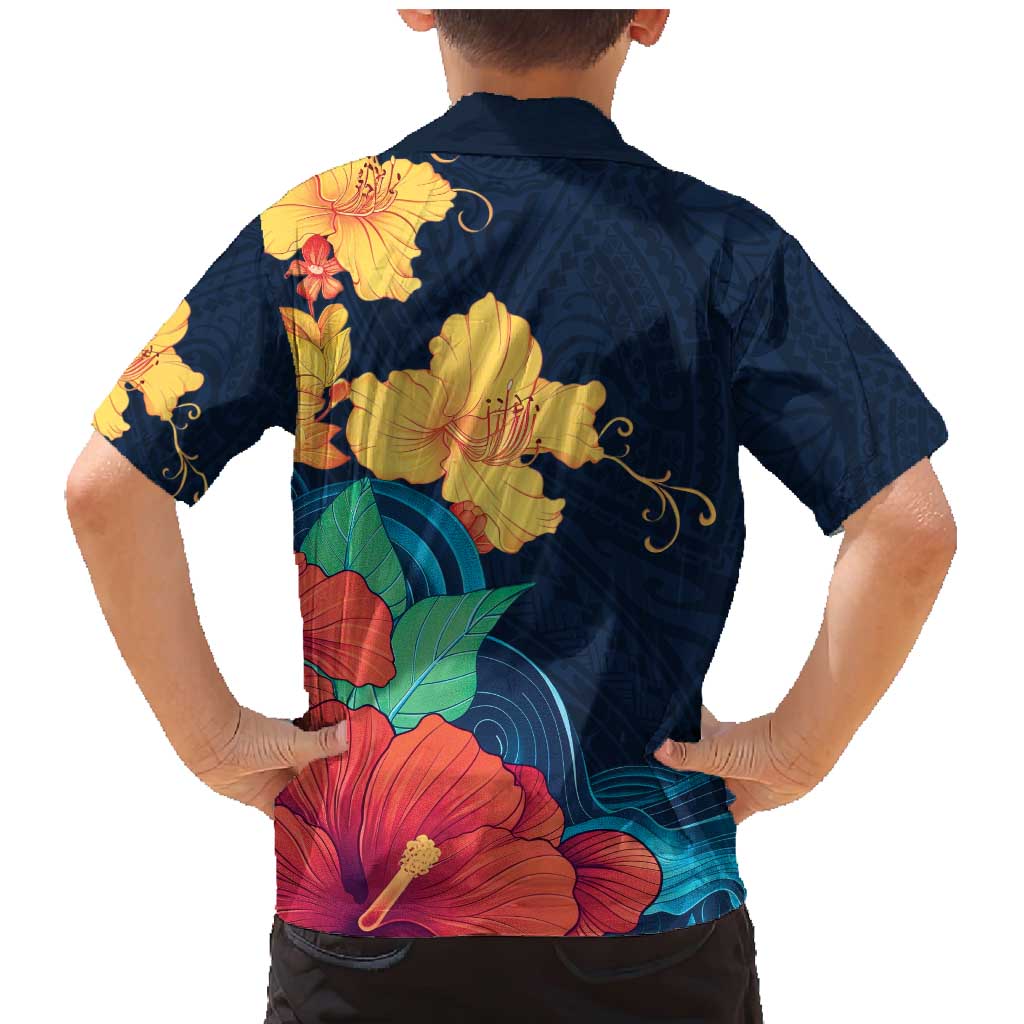 Polynesian Hibiscus Flower Waves Pattern Family Matching Mermaid Dress and Hawaiian Shirt