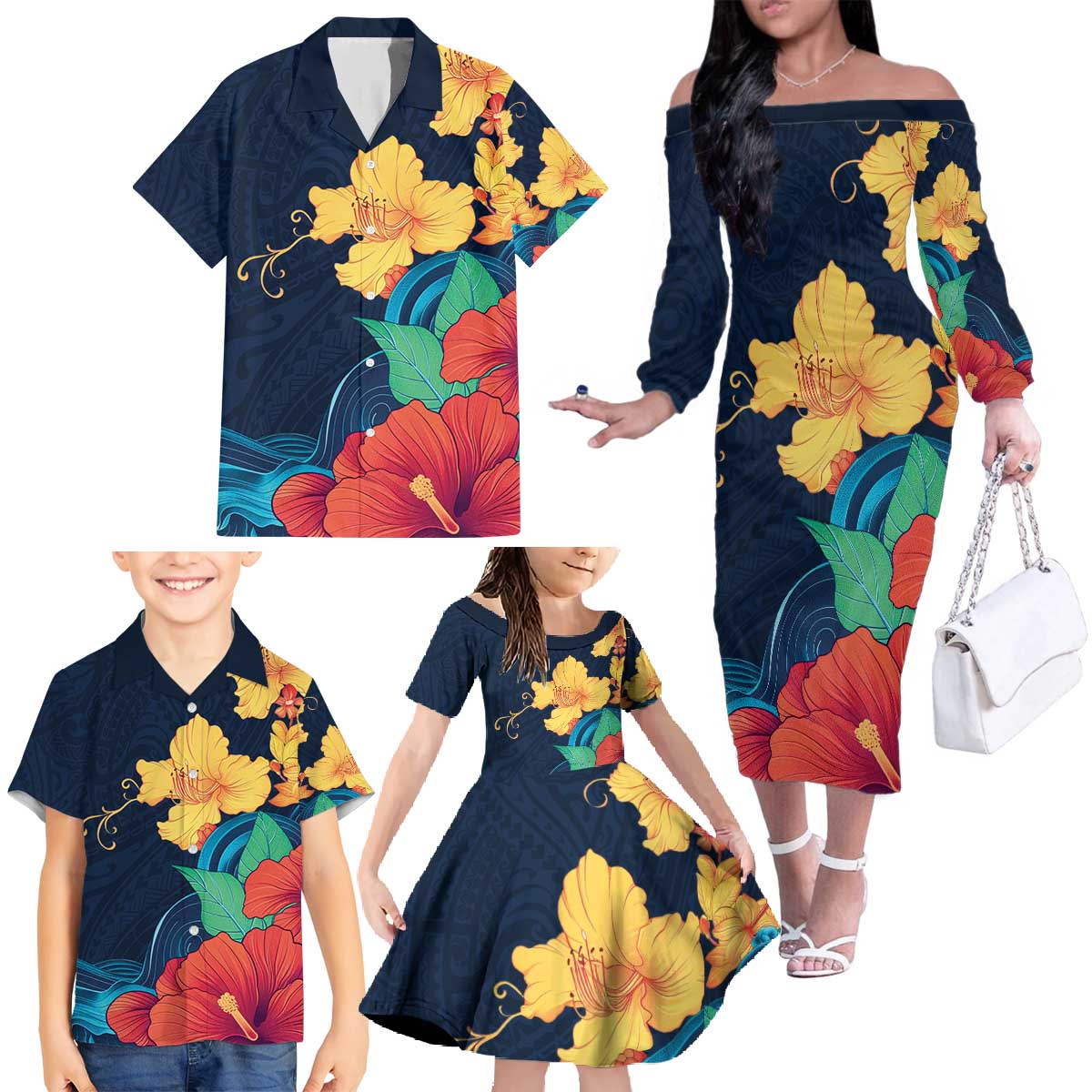 Polynesian Hibiscus Flower Waves Pattern Family Matching Off The Shoulder Long Sleeve Dress and Hawaiian Shirt