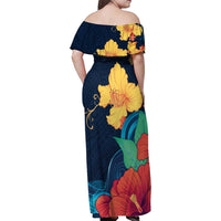 Polynesian Hibiscus Flower Waves Pattern Family Matching Off Shoulder Maxi Dress and Hawaiian Shirt