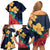 Polynesian Hibiscus Flower Waves Pattern Family Matching Off Shoulder Short Dress and Hawaiian Shirt