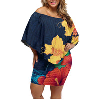 Polynesian Hibiscus Flower Waves Pattern Family Matching Off Shoulder Short Dress and Hawaiian Shirt