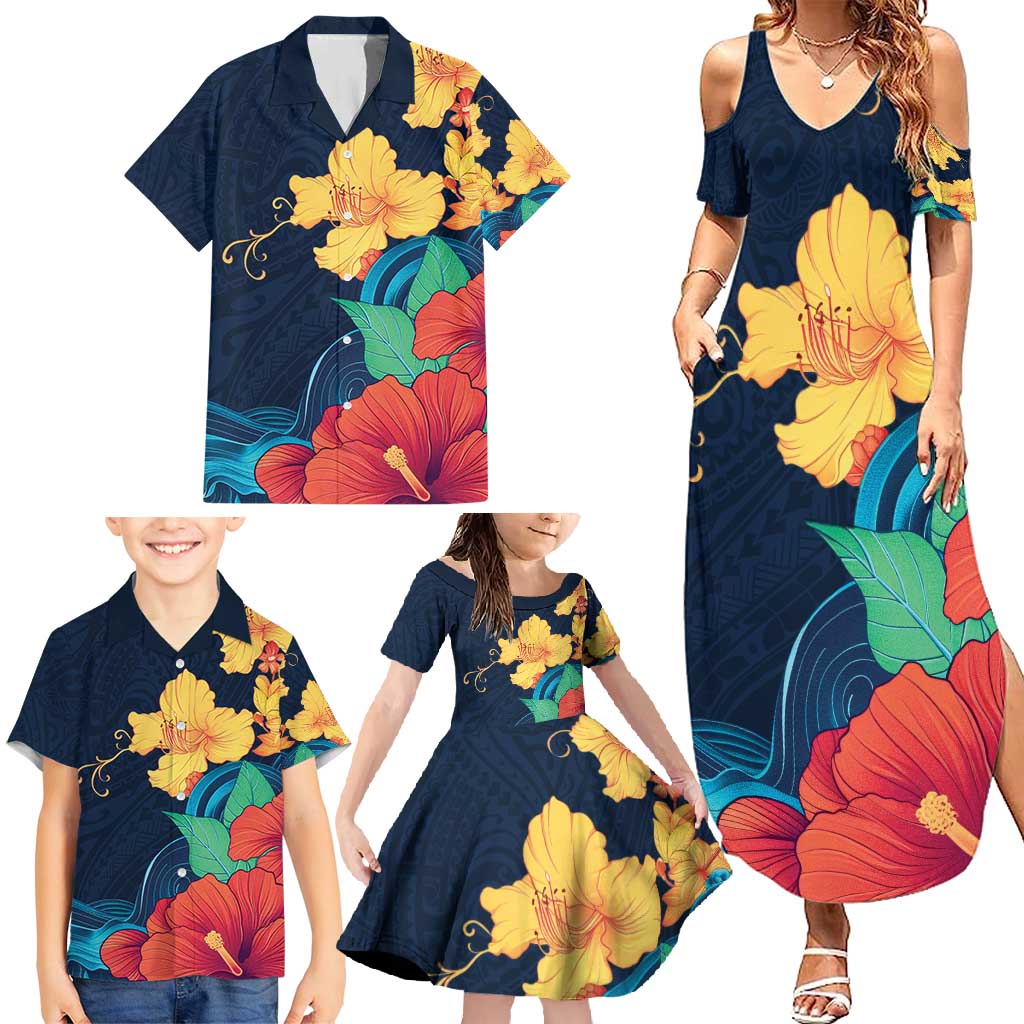 Polynesian Hibiscus Flower Waves Pattern Family Matching Summer Maxi Dress and Hawaiian Shirt