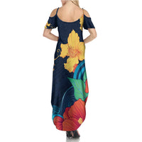 Polynesian Hibiscus Flower Waves Pattern Family Matching Summer Maxi Dress and Hawaiian Shirt