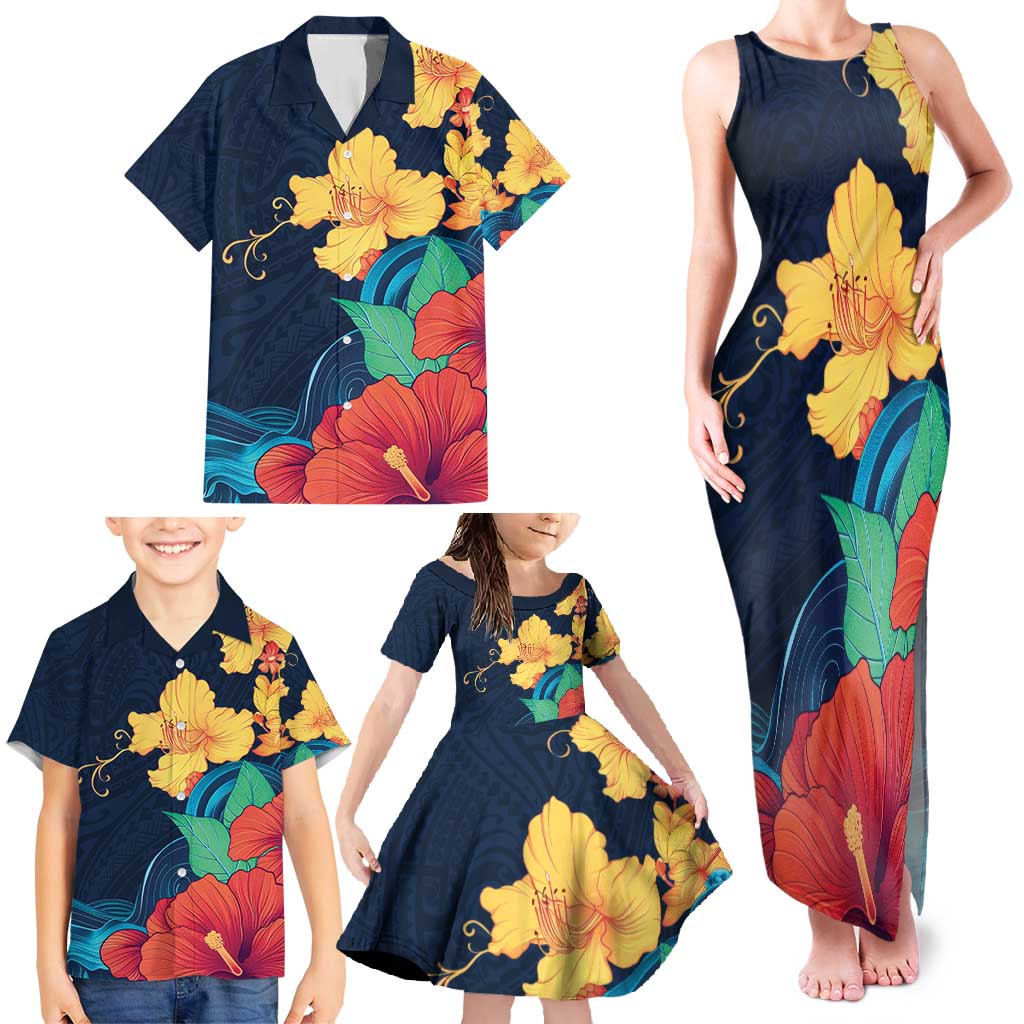 Polynesian Hibiscus Flower Waves Pattern Family Matching Tank Maxi Dress and Hawaiian Shirt