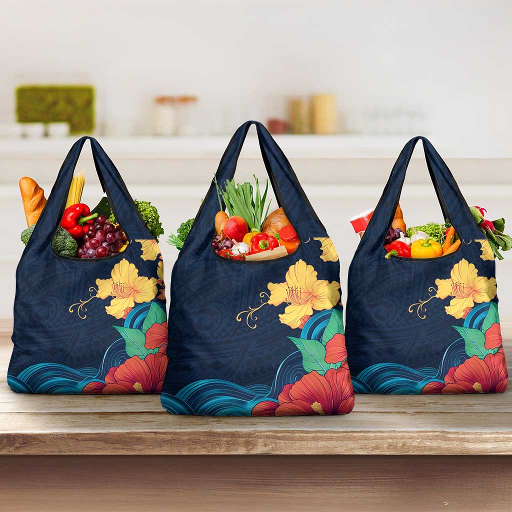 Polynesian Hibiscus Flower Waves Pattern Grocery Bag LT9 3-pack One Size Dark Blue - Polynesian Pride