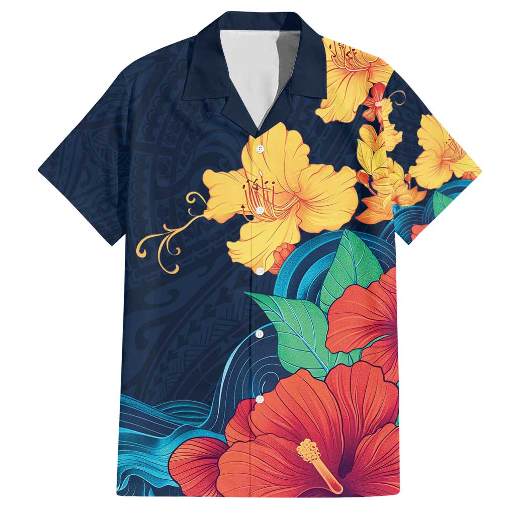 Polynesian Hibiscus Flower Waves Pattern Hawaiian Shirt