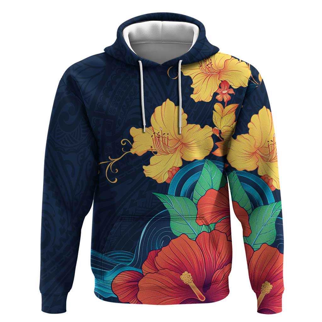 Polynesian Hibiscus Flower Waves Pattern Hoodie