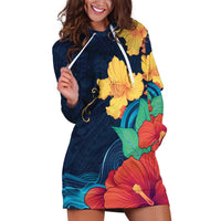 Polynesian Hibiscus Flower Waves Pattern Hoodie Dress LT9 Dark Blue - Polynesian Pride