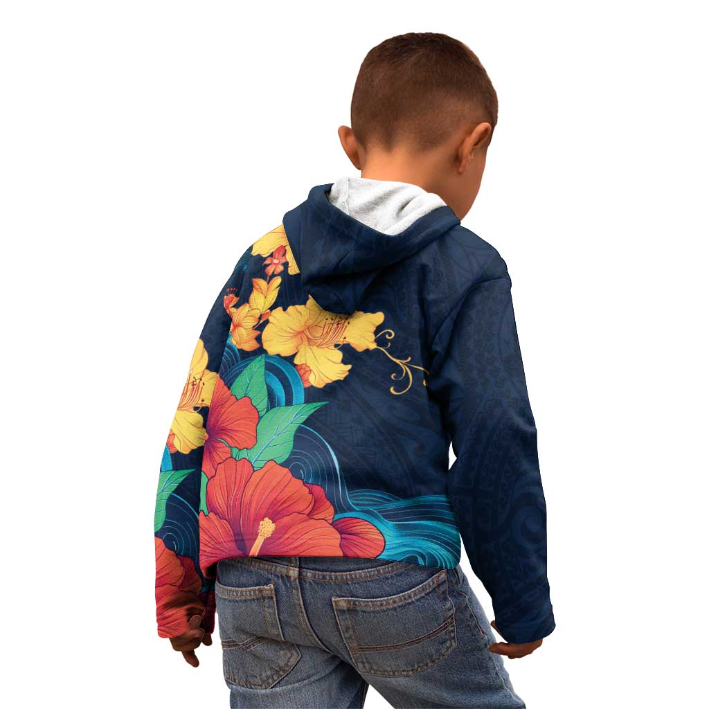 Polynesian Hibiscus Flower Waves Pattern Kid Hoodie