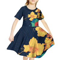 Polynesian Hibiscus Flower Waves Pattern Kid Short Sleeve Dress