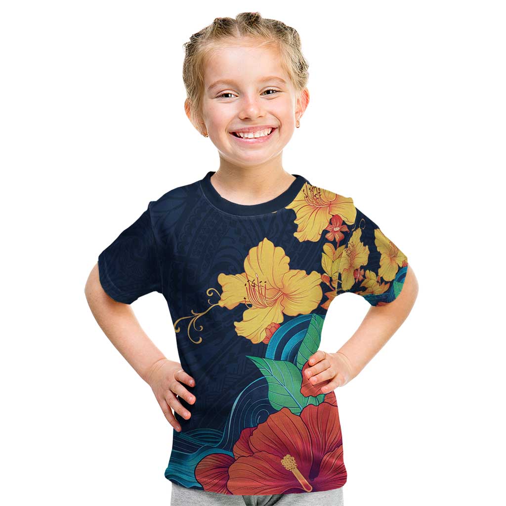 Polynesian Hibiscus Flower Waves Pattern Kid T Shirt