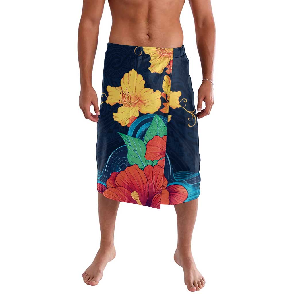 Polynesian Hibiscus Flower Waves Pattern Lavalava LT9 Dark Blue - Polynesian Pride