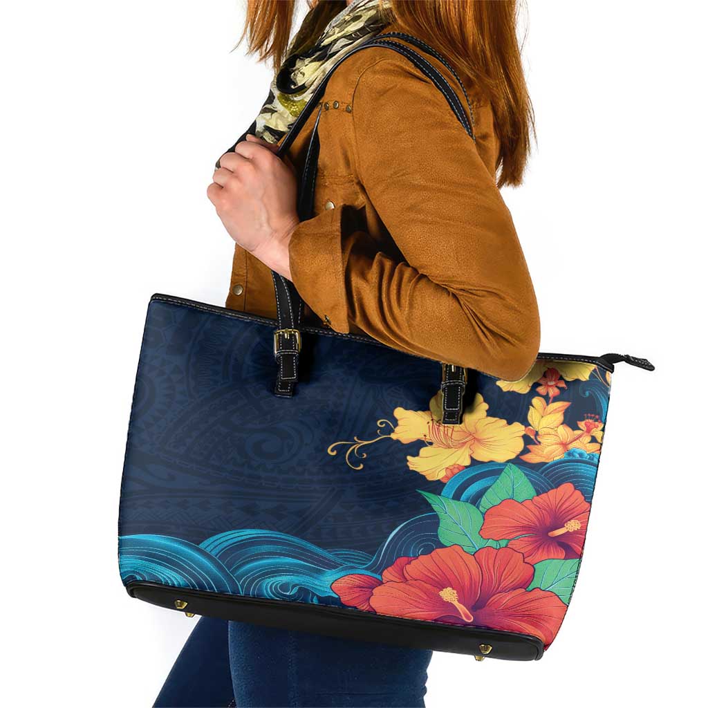 Polynesian Hibiscus Flower Waves Pattern Leather Tote Bag LT9 Dark Blue - Polynesian Pride