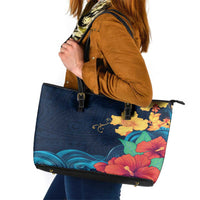 Polynesian Hibiscus Flower Waves Pattern Leather Tote Bag LT9 Dark Blue - Polynesian Pride