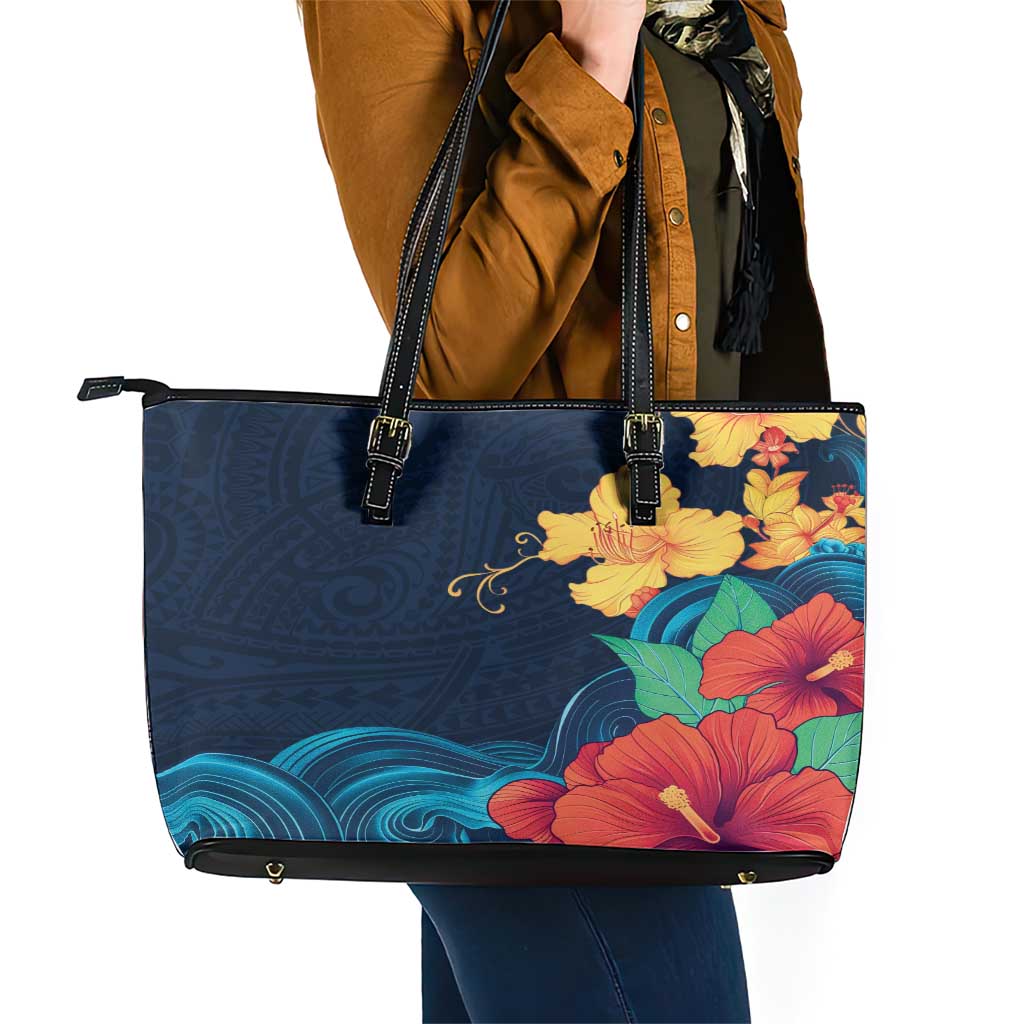 Polynesian Hibiscus Flower Waves Pattern Leather Tote Bag LT9 - Polynesian Pride