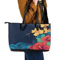 Polynesian Hibiscus Flower Waves Pattern Leather Tote Bag LT9 - Polynesian Pride