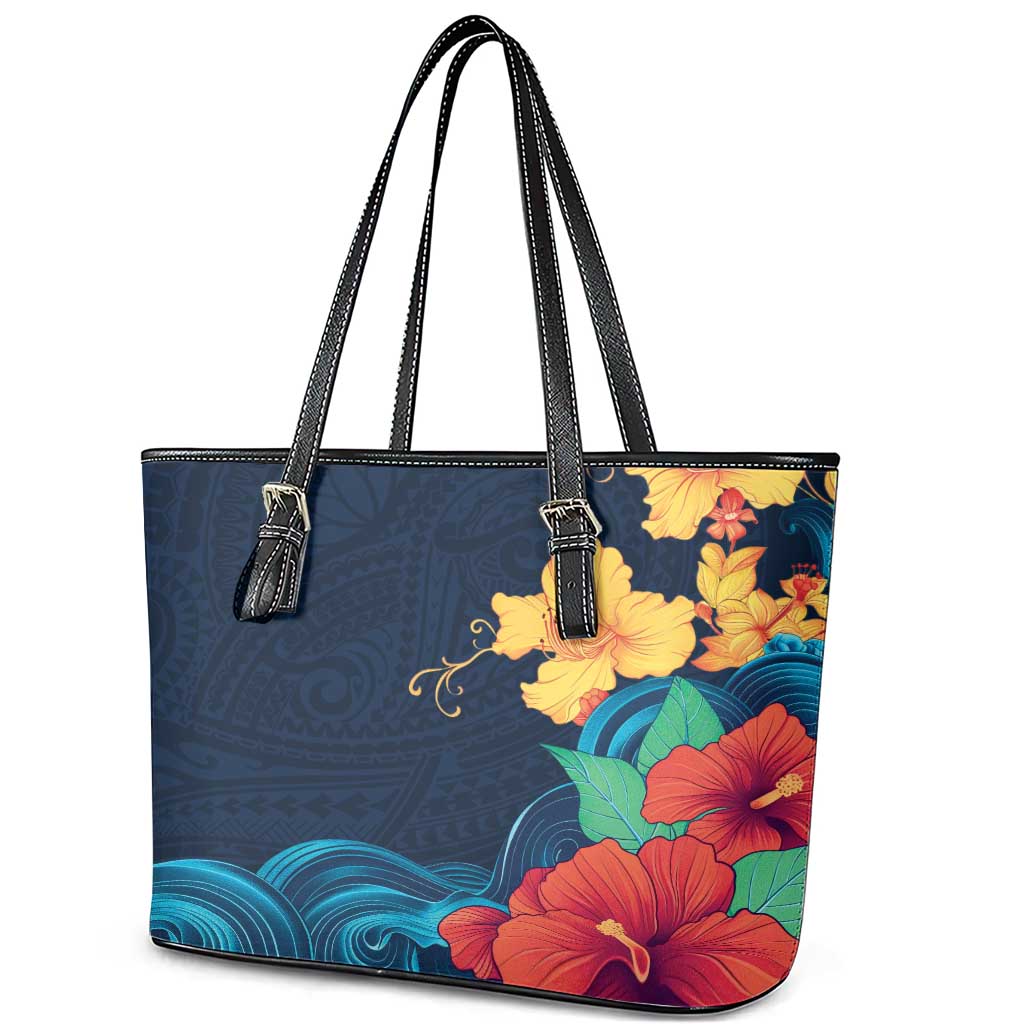 Polynesian Hibiscus Flower Waves Pattern Leather Tote Bag LT9 - Polynesian Pride