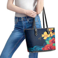 Polynesian Hibiscus Flower Waves Pattern Leather Tote Bag LT9 - Polynesian Pride