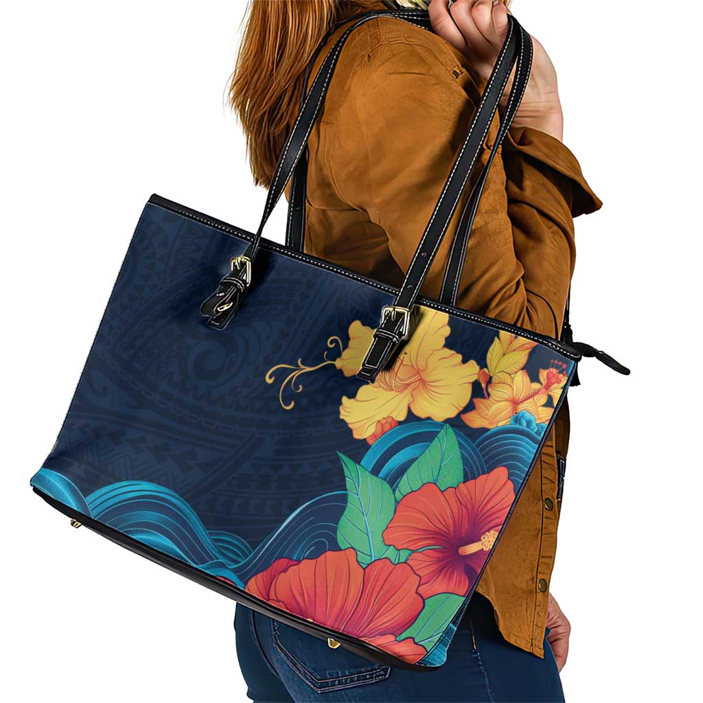 Polynesian Hibiscus Flower Waves Pattern Leather Tote Bag LT9 - Polynesian Pride