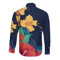 Polynesian Hibiscus Flower Waves Pattern Long Sleeve Button Shirt