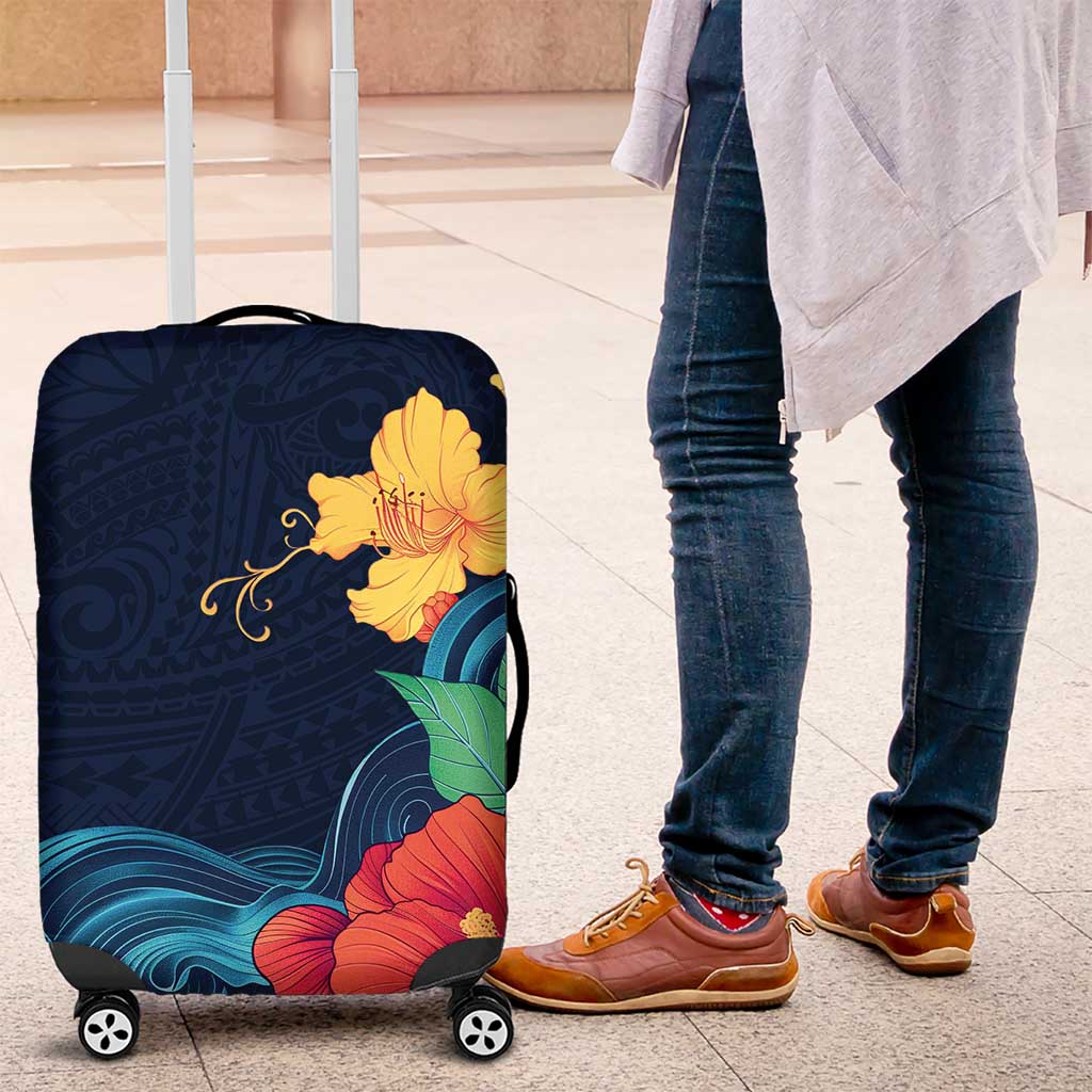 Polynesian Hibiscus Flower Waves Pattern Luggage Cover