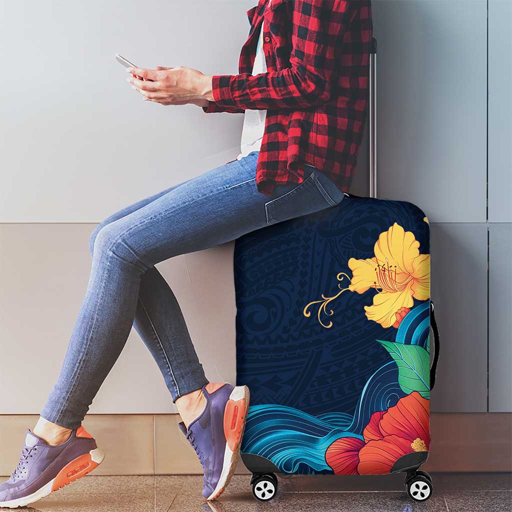 Polynesian Hibiscus Flower Waves Pattern Luggage Cover