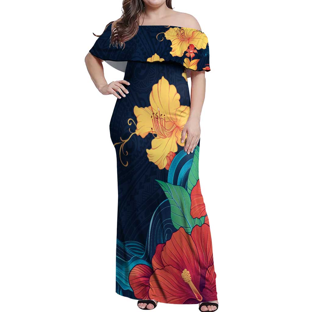 Polynesian Hibiscus Flower Waves Pattern Off Shoulder Maxi Dress LT9 Women Dark Blue - Polynesian Pride