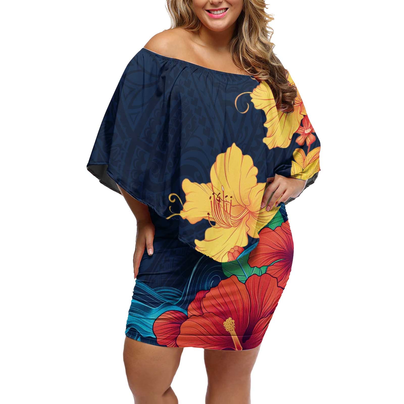 Polynesian Hibiscus Flower Waves Pattern Off Shoulder Short Dress LT9 Women Dark Blue - Polynesian Pride