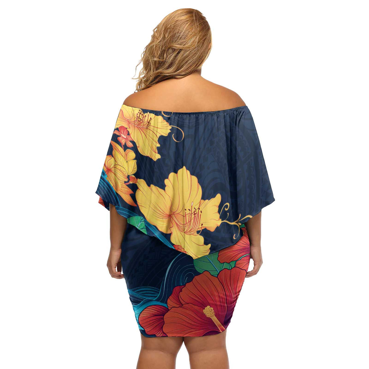 Polynesian Hibiscus Flower Waves Pattern Off Shoulder Short Dress LT9 - Polynesian Pride