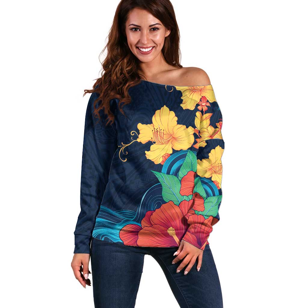 Polynesian Hibiscus Flower Waves Pattern Off Shoulder Sweater