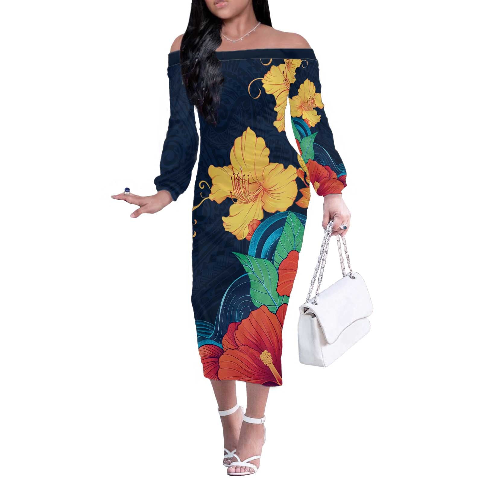 Polynesian Hibiscus Flower Waves Pattern Off The Shoulder Long Sleeve Dress LT9 Women Dark Blue - Polynesian Pride