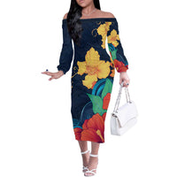 Polynesian Hibiscus Flower Waves Pattern Off The Shoulder Long Sleeve Dress LT9 Women Dark Blue - Polynesian Pride
