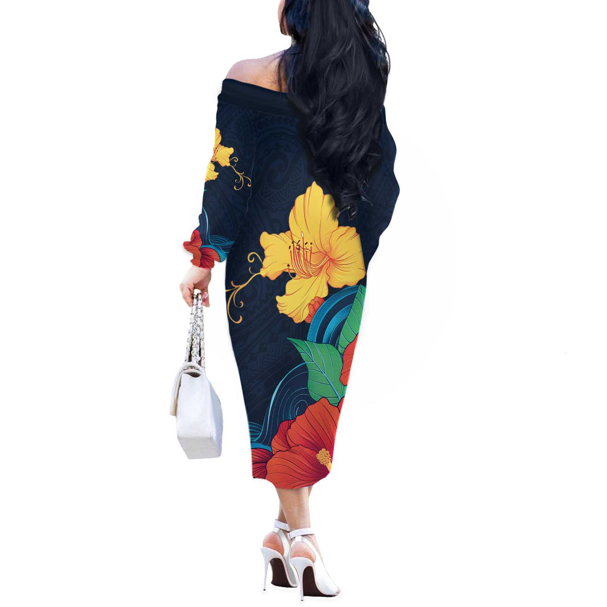 Polynesian Hibiscus Flower Waves Pattern Off The Shoulder Long Sleeve Dress LT9 - Polynesian Pride