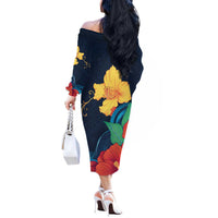 Polynesian Hibiscus Flower Waves Pattern Off The Shoulder Long Sleeve Dress LT9 - Polynesian Pride