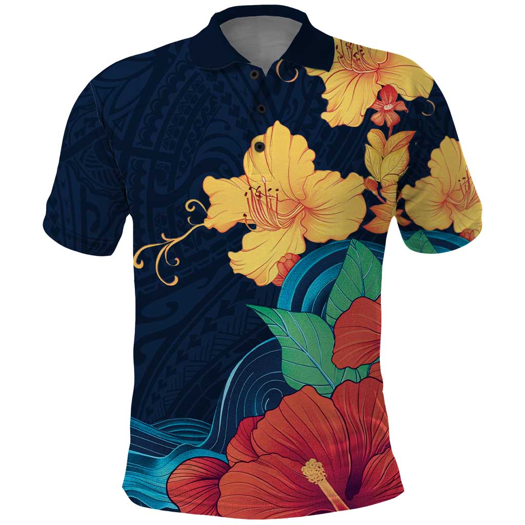 Polynesian Hibiscus Flower Waves Pattern Polo Shirt
