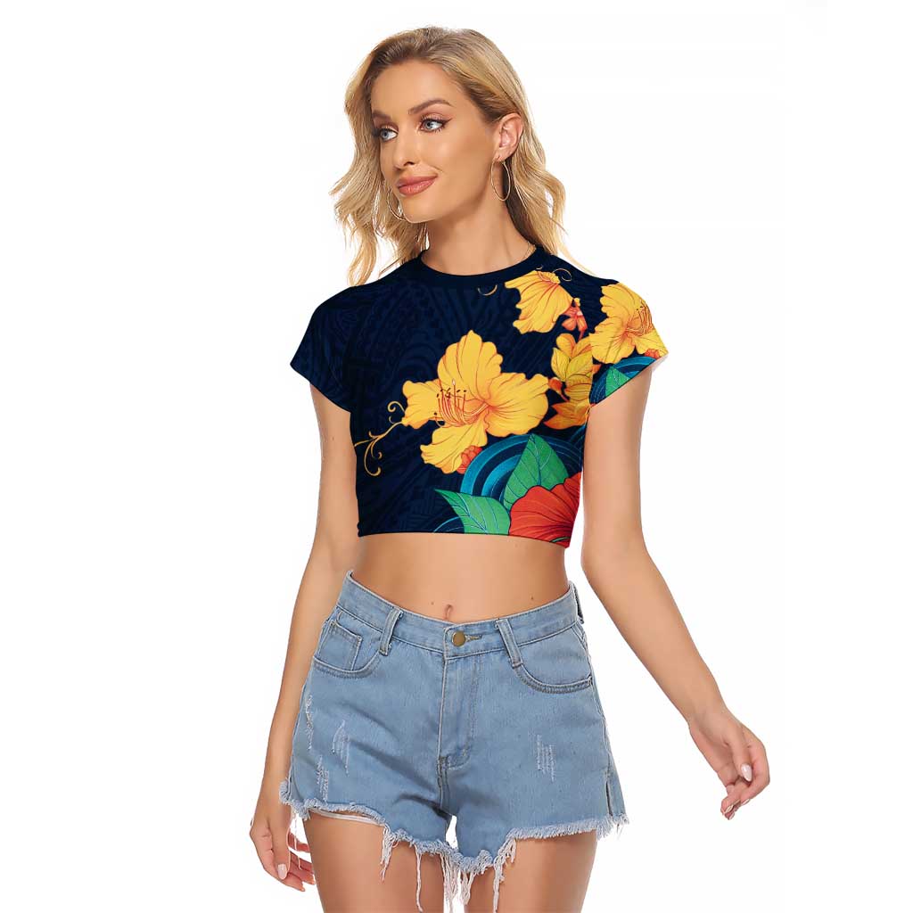 Polynesian Hibiscus Flower Waves Pattern Raglan Cropped T Shirt