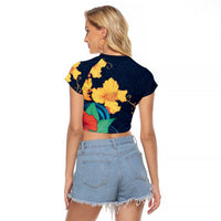 Polynesian Hibiscus Flower Waves Pattern Raglan Cropped T Shirt